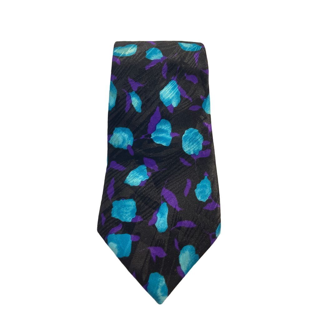 Vintage Azia Silk Tie Black with Blue Purple Floral Pattern Elegant Z-28